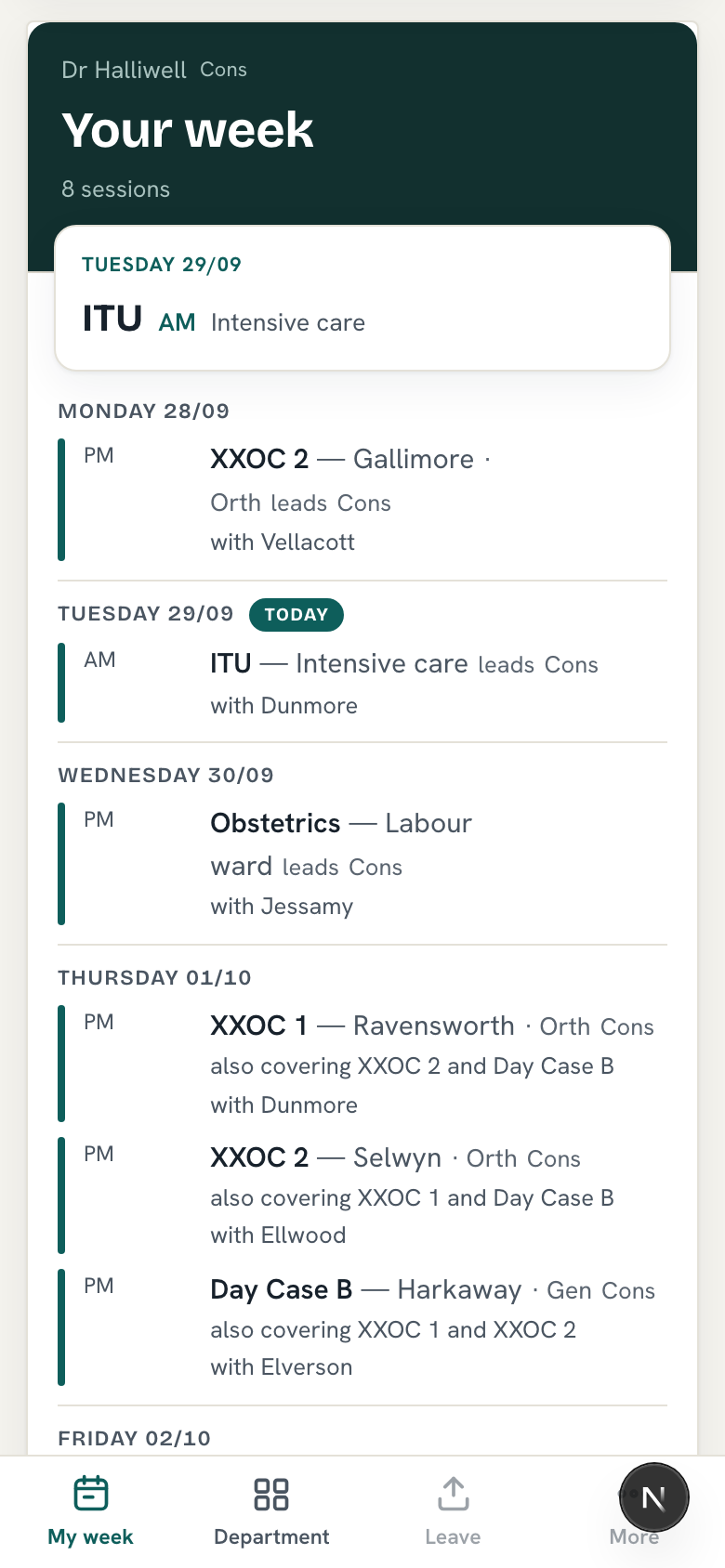 The same rota on a phone, showing one person's own week with today's session on a card at the top.